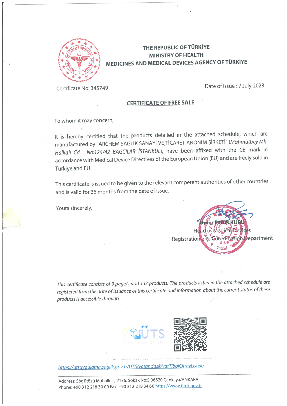 ARCHEM SAĞLIK SANAYİ VE TİCARET A.Ş.. Certificates