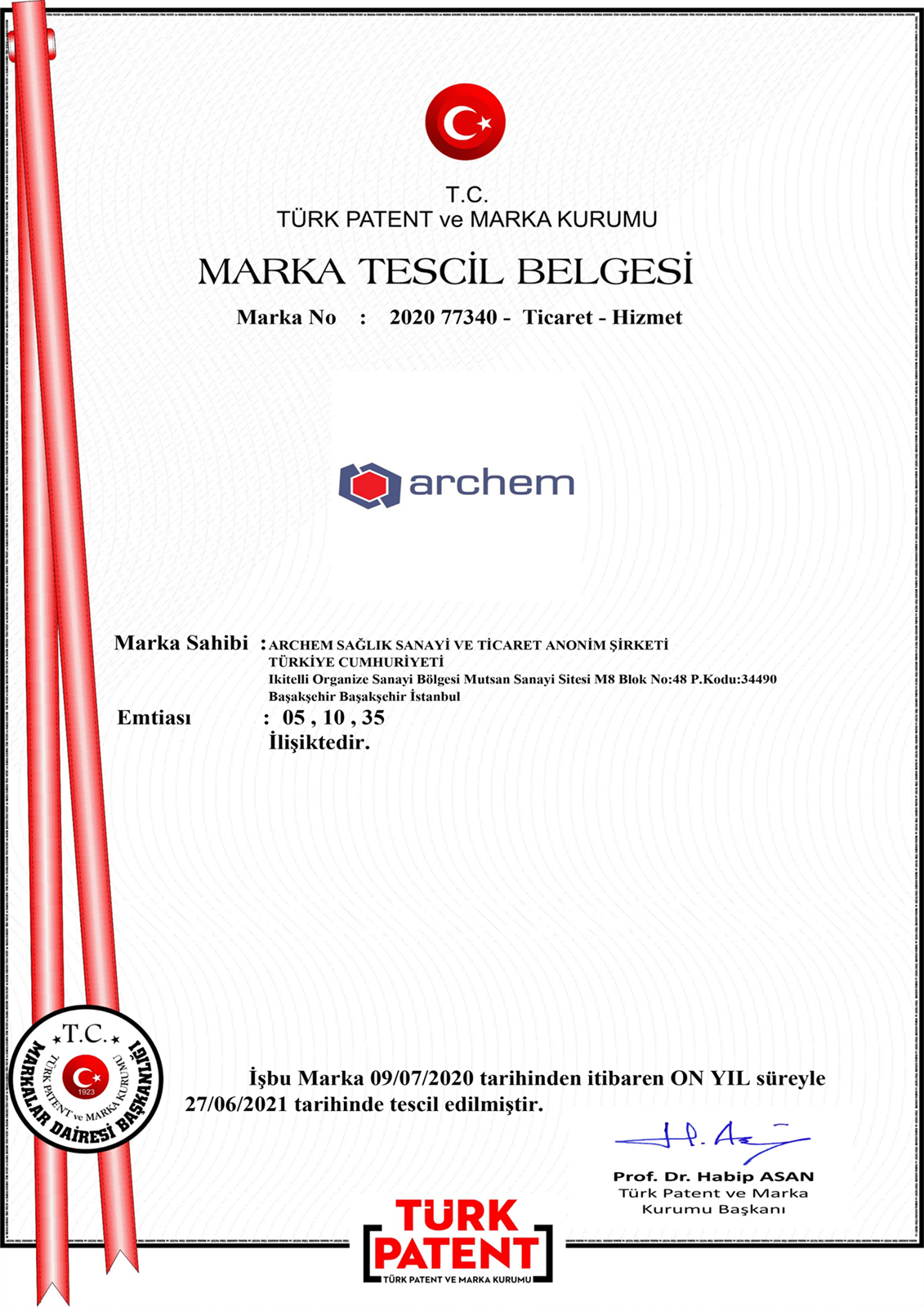 ARCHEM SAĞLIK SANAYİ VE TİCARET A.Ş.. Certificates